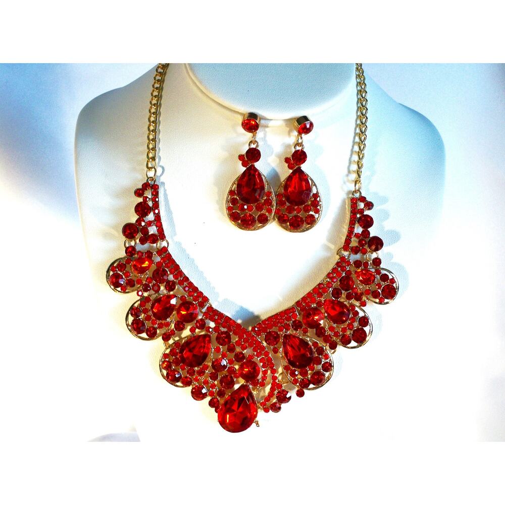 Red rhinestone necklace set, wedding bridal MOB necklace, prom party necklace